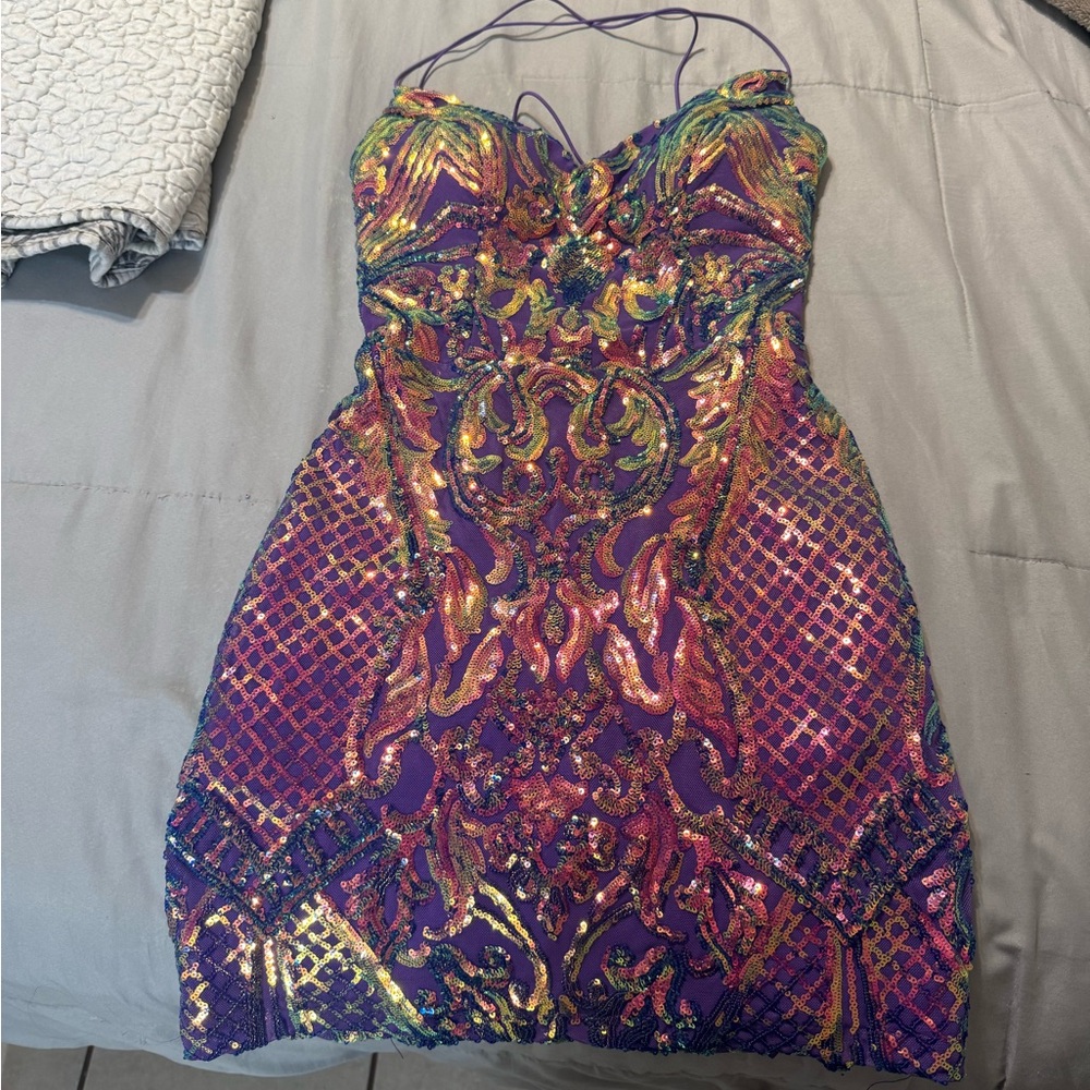 B Darlin Purple and Gold Embellished Dress